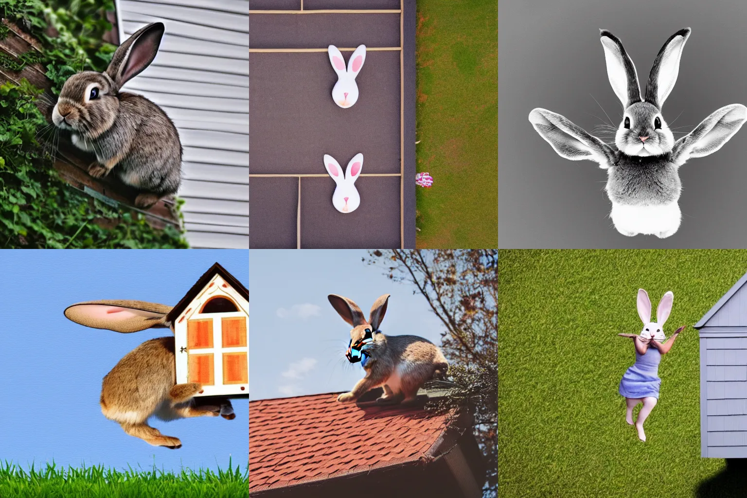 Prompt: a bunny flying over a house