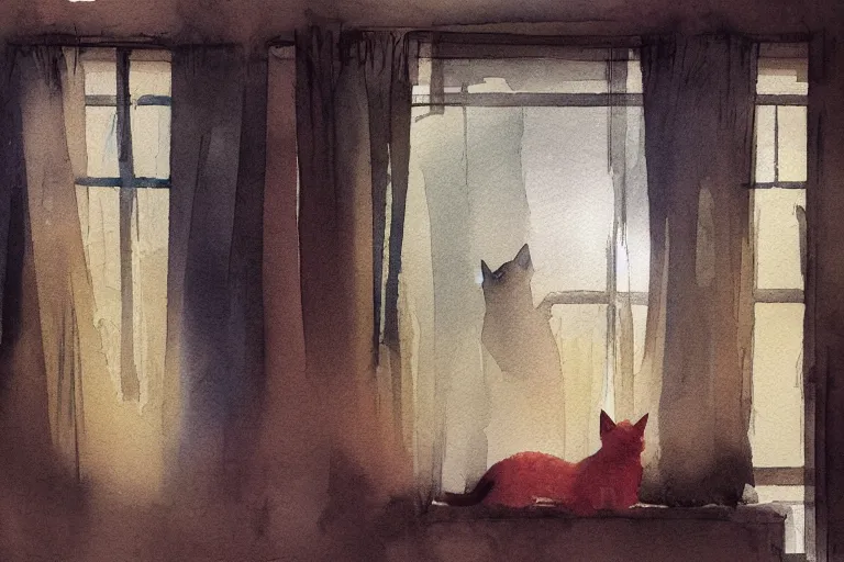 Prompt: abstract ink and watercolor painting of sunset sunlight through curtain window, a cat sits on the window sill, silverware and glass, cinematic light, national romanticism by hans dahl, by jesper ejsing, by anders zorn, concept art, sharp focus, illustration, art by artgerm and greg rutkowski and magali villeneuve