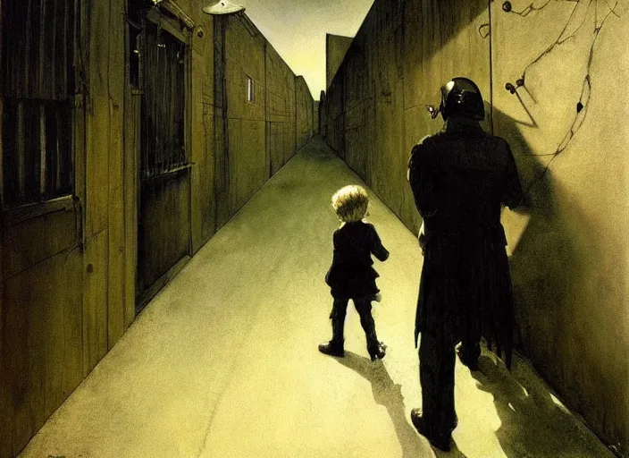 Prompt: dark alley with a poor child being questioned by a futuristic cop, painting by andrew wyeth and alan lee, very detailed, somber mood,