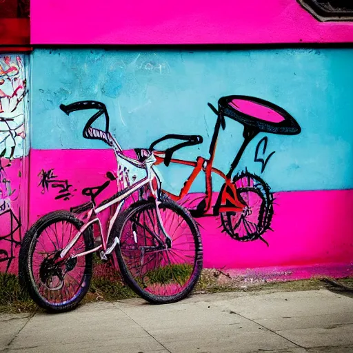 Prompt: a bicycle and a surfboard, pink and red, grafitti, street art