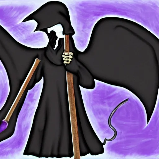 Image similar to grim reaper, purple cloak, full body, scythe