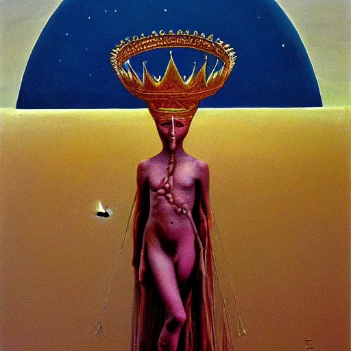 Image similar to Artemixel, the modern reincarnation of the old selenium god of hunt and moon, also known as Artemis or Selene, carrying the crown of the crescent moon. They are crowned by a bright and slightly bluish crescent like the brightness of the night. Portrait by Zdzislaw Beksinski, oil on canvas. Masterpiece.