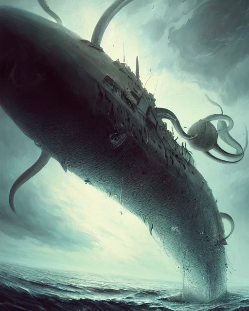 Prompt: a dream fantasy painting of a sub attacked by a giant squid, by beksinki, giger, greg rutkowski, carne griffith trending on artstation, deviantart, photorealism