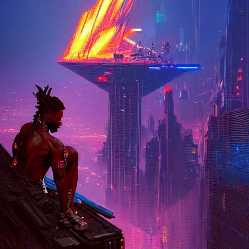 Image similar to a cyberpunk zulu warrior sitting on a cliff watching an enormous city burn!!! from a distance at night, fire!!, by alena aenami and android jones and greg rutkowski, Trending on artstation, hyperrealism, elegant, stylized, highly detailed digital art, 8k resolution, hd, global illumination, radiant light, detailed and intricate cyberpunk ghetto environment, rendered in octane, post processed, wide angle, dynamic portrait