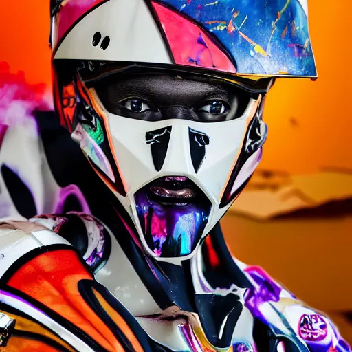Image similar to extremely beautiful photo of a white marble statue of a black man with colorful motocross logos and motorcycle helmet with closed visor, colorful smoke in the background, carved marble statue, fine art, neon genesis evangelion, highly detailed, 8 k, hyperreal