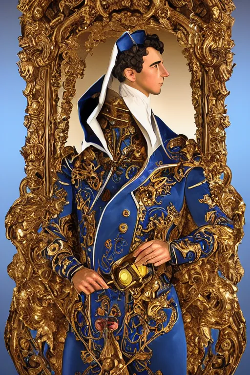 Image similar to full-body sculpture of a young handsome Spanish prince as a half android with a glowing blue battery in his chest, white laser beam coming out of his eyes, crown of giant diamonds, flowing neon-colored silk, fabric, raptors, in a cyperbunk and baroque style. baroque elements. full-length view. baroque element. intricate artwork by caravaggio mechanical roses. Trending on artstation, octane render, cinematic lighting from the right, hyper realism, octane render, 8k, depth of field, 3D