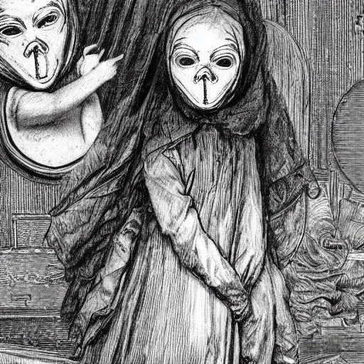 Image similar to found footage of floating mask in abandoned house. b & w grainy. children illustration. art by gustav dore - andy riley