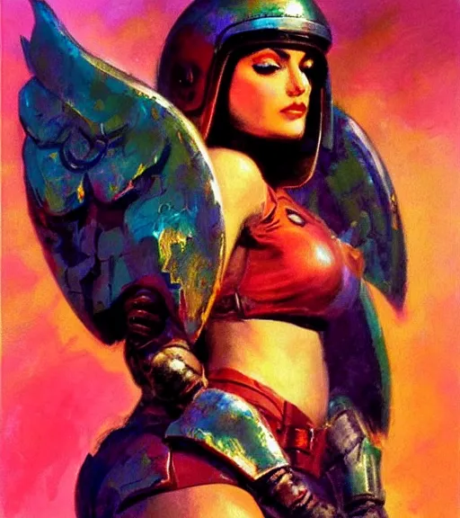 Image similar to portrait of strong iranian female chaos angel, beautiful! coherent! by frank frazetta, by brom, strong line, vivid neon color, shining metal power armor, iron helm, high contrast, maximalist