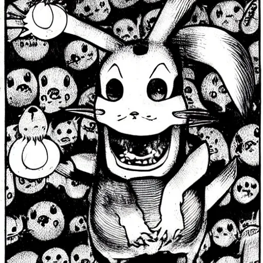 Image similar to junji ito pikachu, horror manga illustration, electric rodent