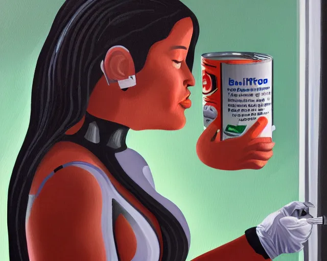 Image similar to BBW Cyborg Woman struggling to reach for a can of soup on the top shelf, art station painting