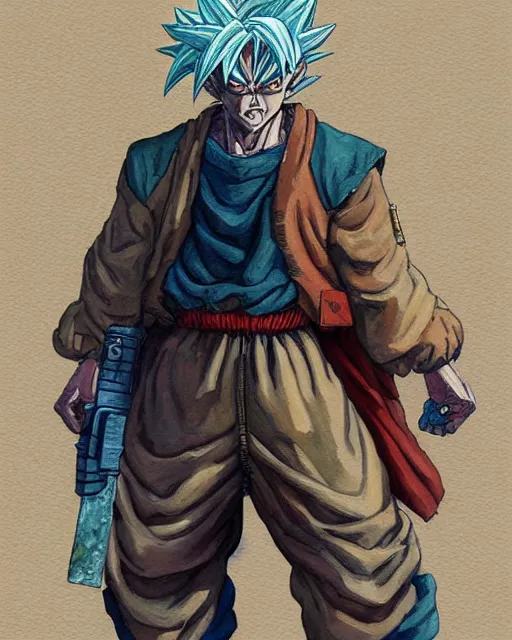 Image similar to a oil / watercolor painting full body character portrait of an old homeless saiyan soldier fighting to protect his family in the style of moebius in the style of leonard boyarsky trending on artstation deviantart pinterest detailed photorealistic highlights and shadow hd 8 k post - processing high resolution