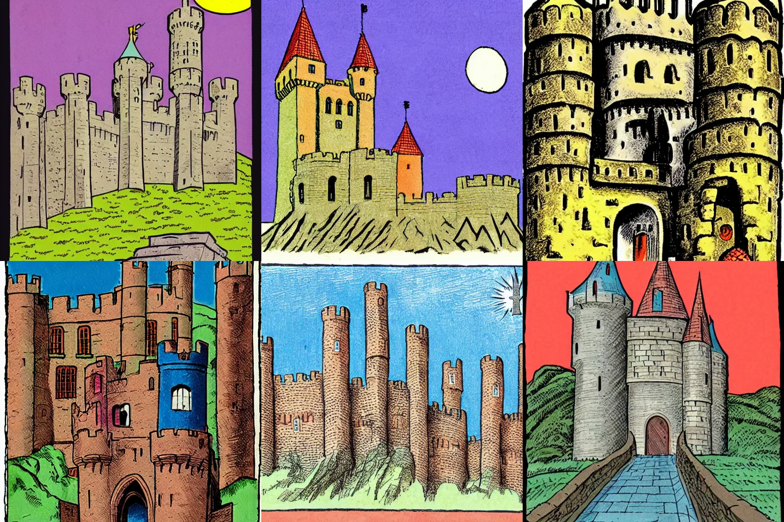 Prompt: medieval castle, colored, by Steve Ditko