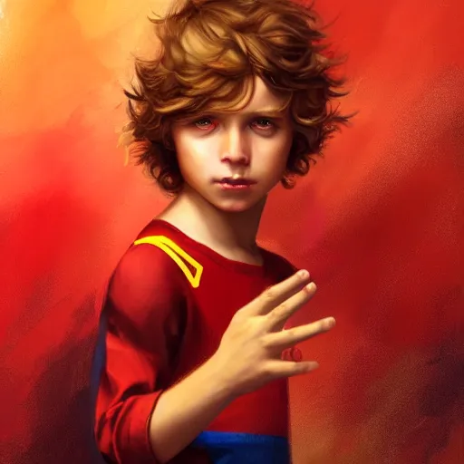 Prompt: colorful and festive captivating young child boy, brown fluffy hair, wearing red and yellow hero suit, making a two with his hand. full body, rich vivid colors, ambient lighting, dynamic lighting, 4 k, atmospheric lighting, painted, intricate, highly detailed by charlie bowater