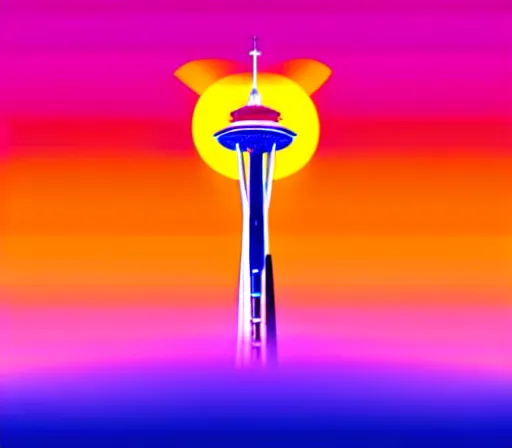 Prompt: a beautiful and immaculate balanced vaporwave ombre scene depicting outrun and the space needle