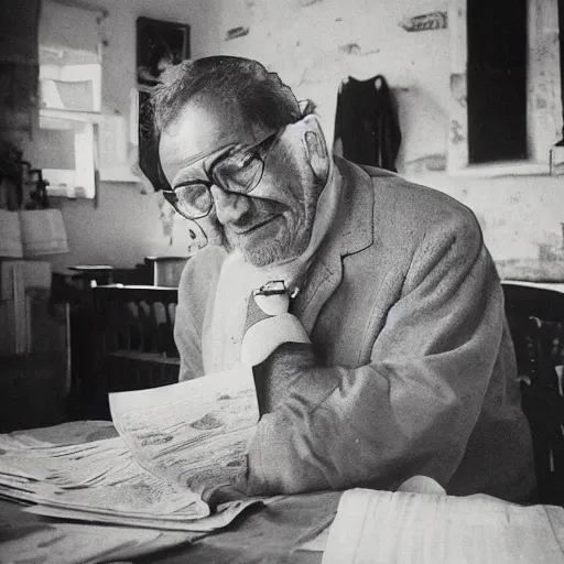 Prompt: lalo salamanca sitting at the table and reading newspapers, portrait, black and white, photograph, ultra realistic, grainy, highly detailed, Diane Arbus