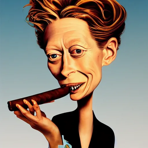 Image similar to an oil painted caricature of tilda swinton with a cuban cigar in her hand, blowing out smoke, by salvador dalí, trending on art station, 4K, studio ghibli color scheme