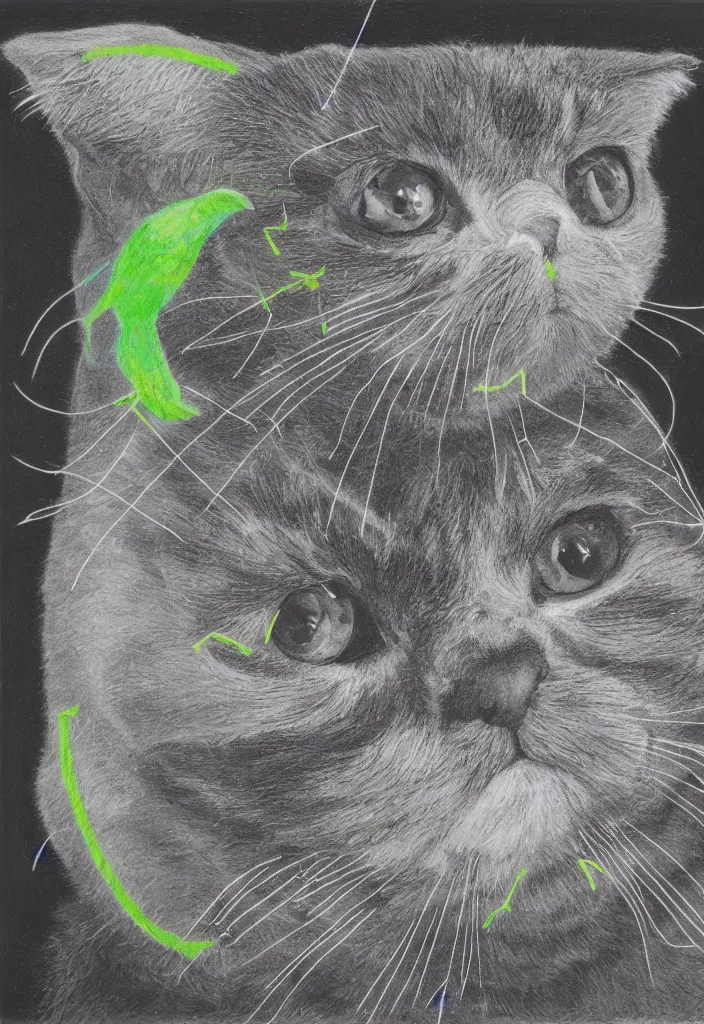 Image similar to cfa champion dark tortie scottish fold cat, framed in a window, watching a bird, data visualization perfect geometry bezier mathematical diagrams hologram overlay revealing sparrows flight trajectory calculation, detailed annotated painting, dark grisaille fluorescent color airbrush spraypaint accents, by jules julien, wes anderson, hannah af klint, black paper risograph 4 k