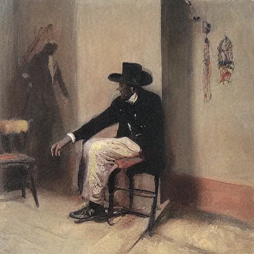 Prompt: A diphenhydramine trip, hat man, spiders, shadows, dark mood, by Ilya Repin