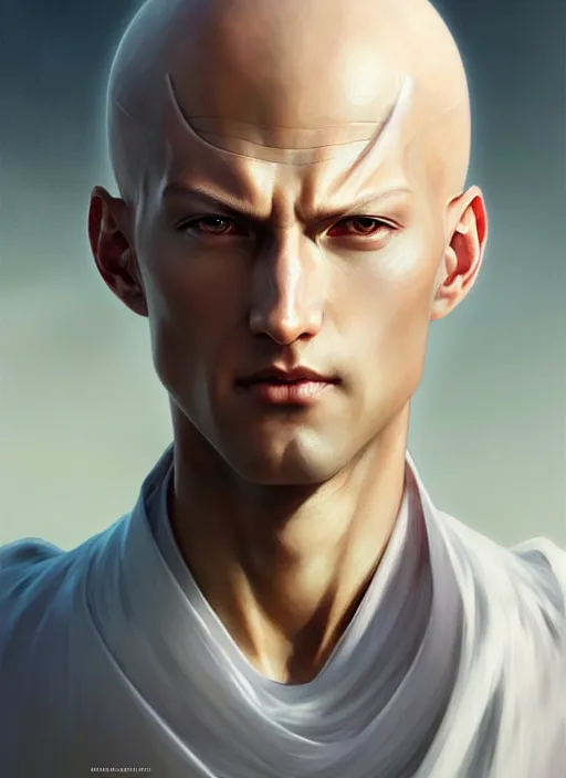 Image similar to ultra realistic illustration, handsome saitama. white cape, intricate, elegant, highly detailed, digital painting, artstation, concept art, smooth, sharp focus, illustration, art by artgerm and greg rutkowski and alphonse mucha and wlop