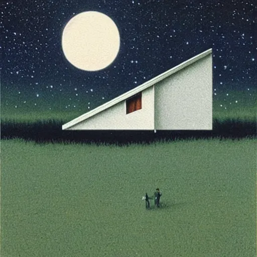 Image similar to painting by by Quint Buchholz, atmospheric cozy futuristic organic white concrete house in the middle of a lush and dense forest at night, a beautiful lake next to it, night time, night sky, starry night sky, by Quint Buchholz