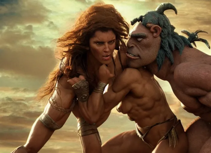 Prompt: beautiful tall muscular greek amazon woman wrestling an ogre, movie still, from the movie clash of the titans, 8 k, realistic, action photography