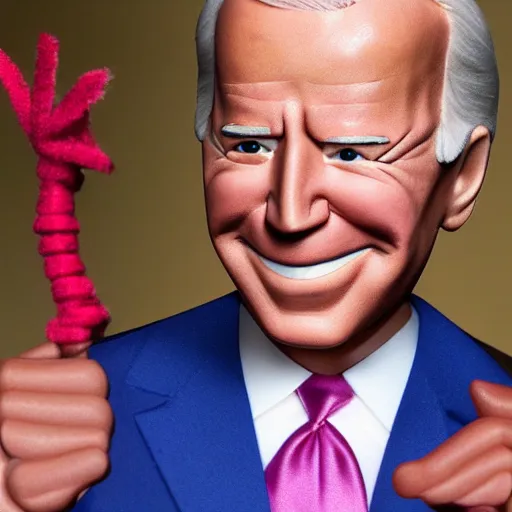 Image similar to joe biden as a doll, string puppet wires, puppet, puppet strings,