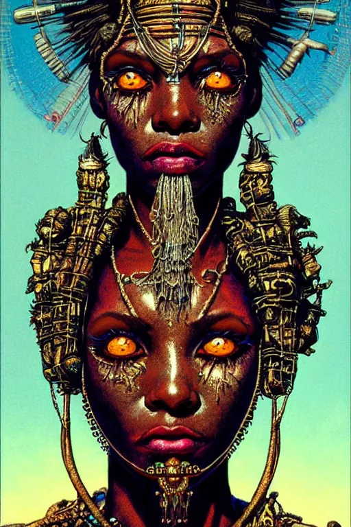 Image similar to voodoo priestess, character portrait, portrait, close up, concept art, intricate details, highly detailed, ornate, soft light, vintage sci - fi poster, in the style of chris foss, rodger dean, moebius, michael whelan, and gustave dore