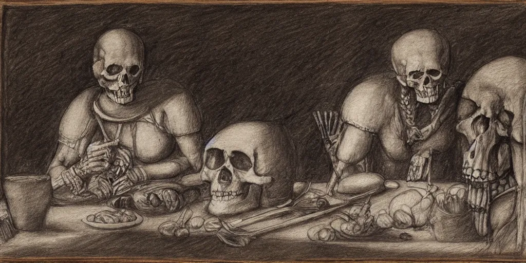 Image similar to Charcoal pencil portrait of a Roman emperor sharing dinner with a mummified skeleton, sketchbook, Leonardo da Vinci