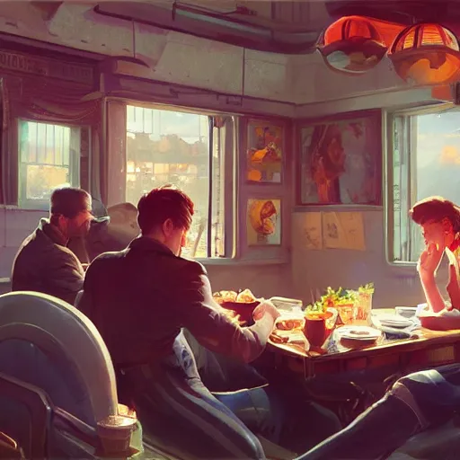 Prompt: sargent and leyendecker and greg hildebrandt, portrait of a diner, stephen bliss, unreal engine, fantasy art by greg rutkowski, loish, rhads, ferdinand knab, makoto shinkai, ilya kuvshinov, rossdraws, global illumination, radiant light, detailed and intricate environment