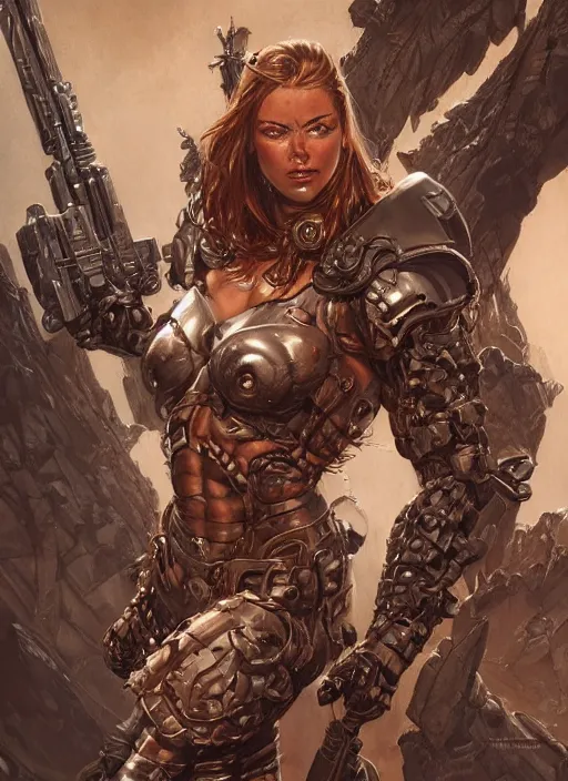 Image similar to very muscled Amazon doomslayer as a ruggedly mean looking heroine, intricate, elegant, highly detailed, centered, digital painting, artstation, concept art, smooth, sharp focus, illustration, art by artgerm and donato giancola and Joseph Christian Leyendecker, WLOP