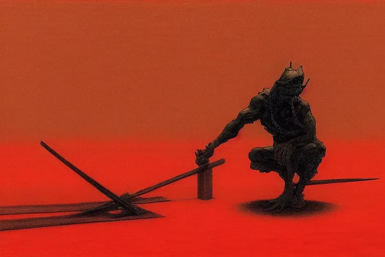 Image similar to only with red, a red samurai do seppuku, tokio, a lot of frogs watch, in the style of beksinski, parts by edward hopper, parts by rodcenko, parts by yue minjun, intricate and epic composition, red by caravaggio, insanely quality, highly detailed, masterpiece, red light, artstation, 4 k