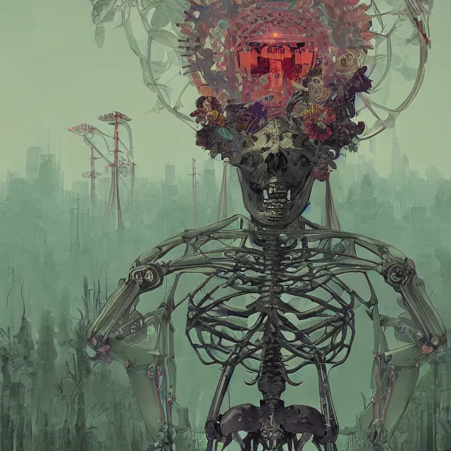 Image similar to a beautiful painting of a ( ( cybernetic ) ) skeleton king, resting on a throne of transparent green energy by simon stalenhag and pascal blanche and alphonse mucha! and nekro!. in style of digital art. colorful comic, film noirs!, symmetry, hyper detailed. octane render. trending on artstation