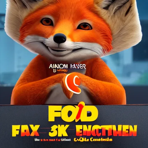 Image similar to animated 3D movie poster featuring an anthropomorphic fox wearing a casual outfit, a lot of fried chicken in the background, promotional media