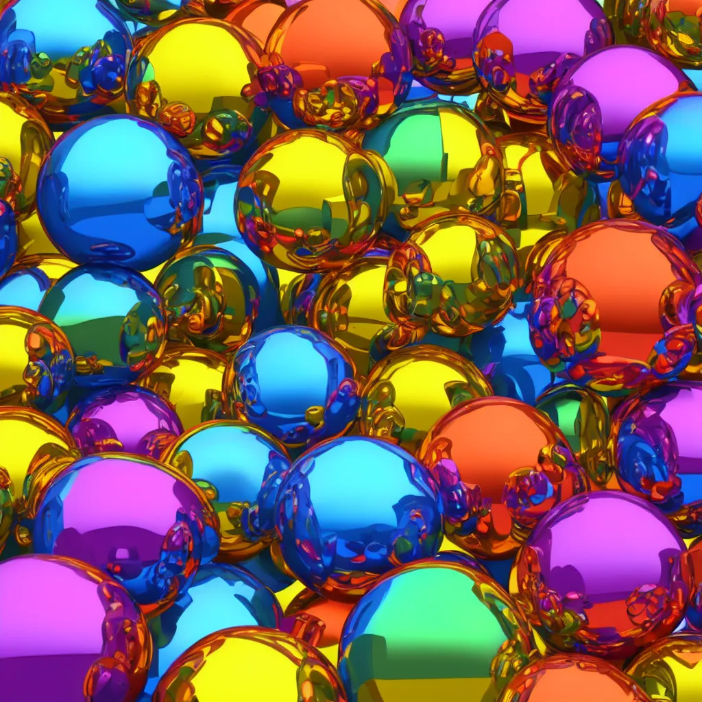 Image similar to very colourful texture of chrome spheres, 3 d, photorealistic, high poly, 8 k render, unreal engine 5, volumetric lighting, realistic shadows