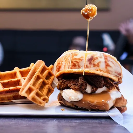 Image similar to fried chicken sandwich with Belgian Waffle Bun, maple syrup & hot fudge, ice cream on the side, 4K, HD