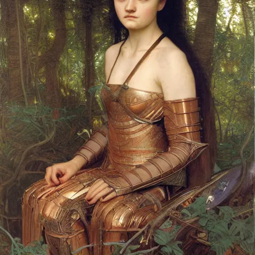 Prompt: a detailed, beautiful portrait oil painting of someone who looks a 1 8 - year old keisha castle hughes and gemma ward, with a hurt expression, wearing intricate, etched copper armor in an ancient forest, by donato giancola, john williams waterhouse, and william adolphe bouguereau