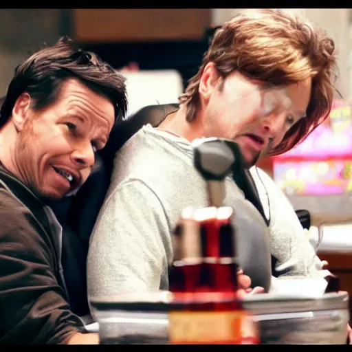 Image similar to scene from a movie that looks like a drama but it's a laugh hard comedy, starring mark wahlberg, shot by darren aronofsky, 4 k