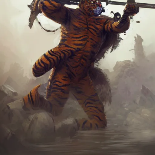 Prompt: a award winning commission of a half human half tiger mutant anthro soldier shooting,digitalt art,hyperdetailed,photorealistic,art by greg rutkowski,character design by charles bowater,ross tran,deviantart,artstation,high detailed,cinematic,movie scene,detailed face