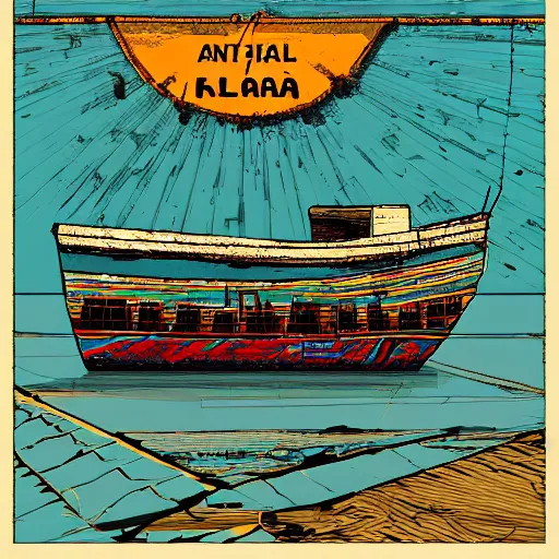 Image similar to an abandoned ship on the aral sea desert, in the style of daniel johnston and outsider art, 8 k, line brush, minimal, gradiated colors, overlaid with cyrillic adverts