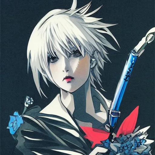 Prompt: a japanese girl with silver hair and blue eyes and demon wings holding an umbrella at night, shot from above, sparkling eyes, illustration by Yoji Shinkawa