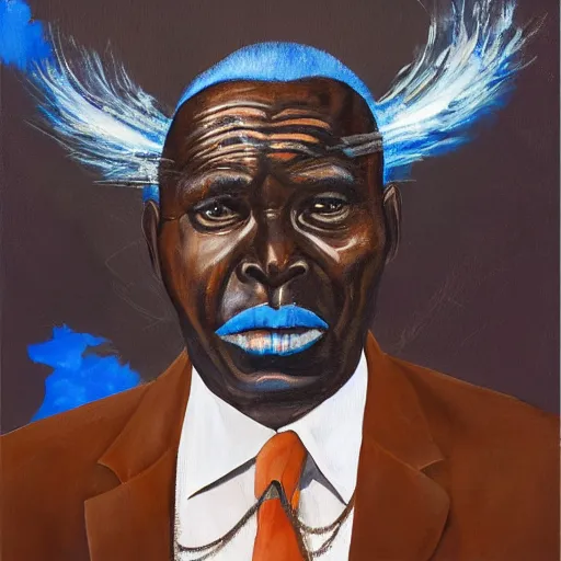 Image similar to a painting of a fatherly wide forehead, round face, XXL , loving, caring, generous, ever-present, humble, wise elder from Kenya in a suit by Wangechi Mutu . Fatherly/daddy, focused, loving, leader, relaxed. blue background, ethereal lights, details, smooth, sharp focus, illustration, realistic, cinematic, artstation, award winning, rgb , unreal engine, octane render, cinematic light, macro, depth of field, blur, , highly detailed epic cinematic concept art CG render made in Maya, Blender and Photoshop, octane render, excellent composition, dynamic dramatic cinematic lighting, aesthetic, very inspirational, arthouse.