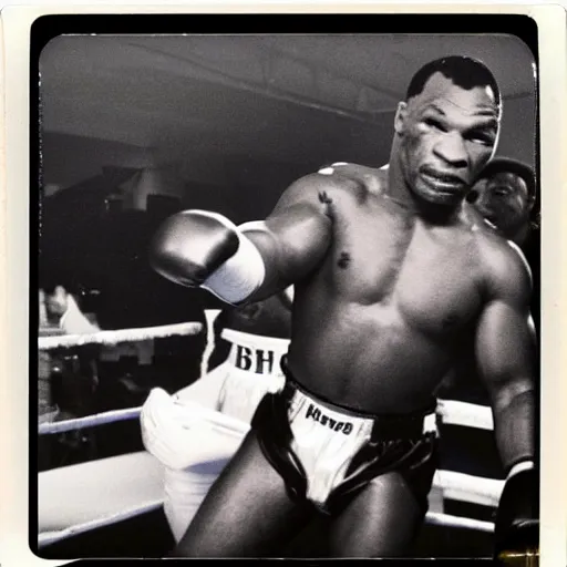 Image similar to polaroid image of mike tyson fighting a xenomorph in a boxing ring