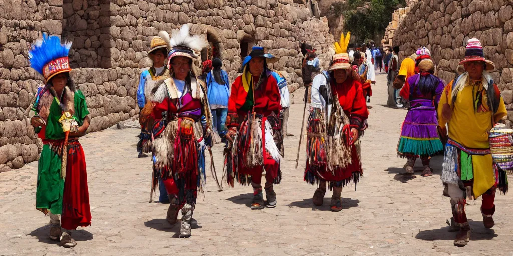 Image similar to peru in the 1 8 0 0 s filled with ancient cuzco inca architecture, inca womans walking the streets, indians in traditional wear haggling with the street vendors, surreal, beautiful, hyper realistic, trending on artstation, 8 k, hd