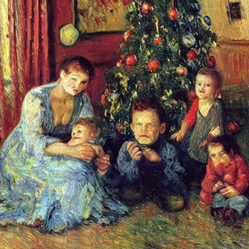 Image similar to “an impressionist painting of a family sitting in the foreground there’s a beautiful woman with a symmetric face with two young children on her lap, a boy and a girl. There’s a Christmas tree and a log fire burning in the background. On the sofa in the background a scruffy homeless man sleeping.”