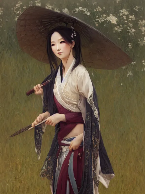 Image similar to beautiful seductive girl wearing hanfu, farm background, fantasy, d & d, dark eyeliner, intricate, elegant, highly detailed, digital painting, artstation, concept art, matte, sharp focus, illustration, art by greg rutkowski and alphonse mucha