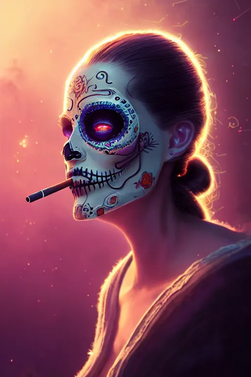 Image similar to ultra detailed, beautiful female android smoking a cigarette, scifi, fantasy, ( dia de los muertos ), triadic color scheme, intricate detailed, octane render, concept art. smoke, calm, noir. art by godmachine and michael welan and rossdraws and artgerm and greg rutkowski and wlop. 8 k, hdr