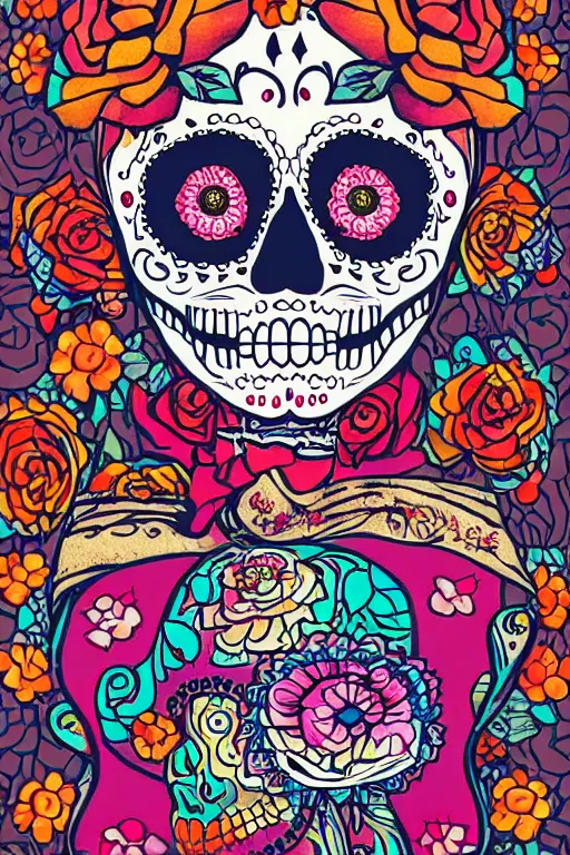 Prompt: Illustration of a sugar skull day of the dead girl, art by frank lloyd wright