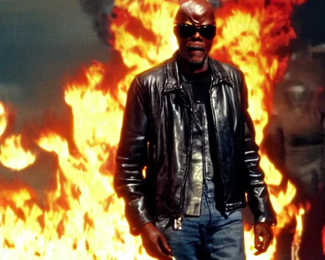 Image similar to Samuel L. Jackson plays Terminator wearing leather jacket and his endoskeleton is visible, walking out of flames, saves pipkachu