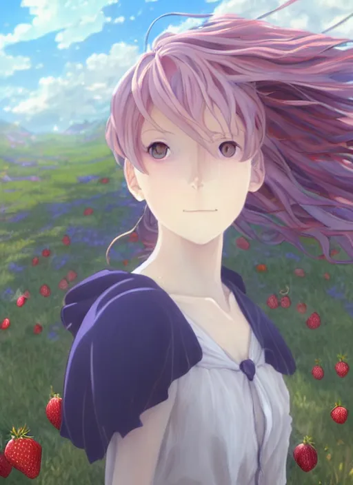 Prompt: Painting of a cottagecore witch with side-shaved strawberry hair in the style of Violet Evergarden, beautiful anime art style, winged eyelashes, countryside, calm, fantasy character portrait, dark outlines, dynamic pose, above view, sunny day, artwork by Makoto Shinkai, very coherent asymmetrical artwork, sharp edges, perfect face, simple form, 100mm