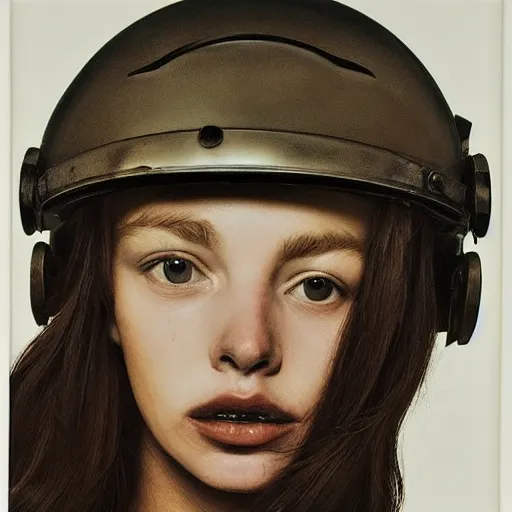 Prompt: portrait of a beautiful girl wearing helmet by Vanessa Beecroft ::